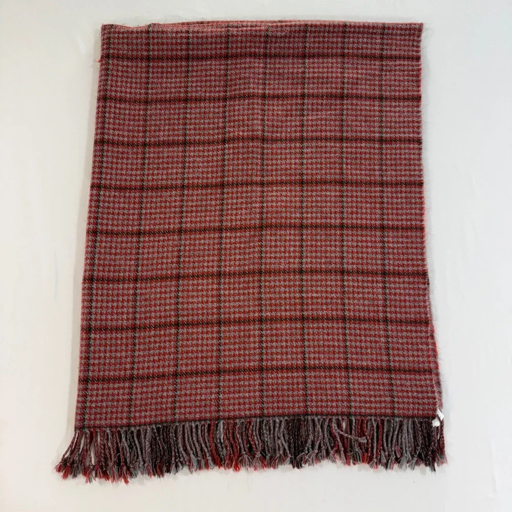 Pottery Barn Reversible Plaid Throw Blanket Red Grey Houndstooth Fringe 50x60